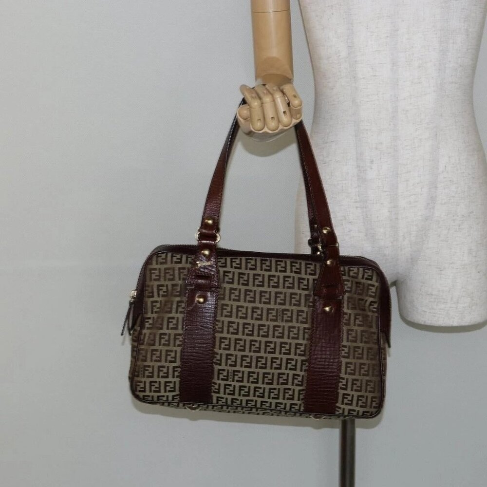 FENDI Zucchino Canvas Tote Bag Brown Gold Auth